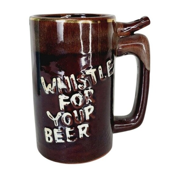 Vintage "Whistle For Your Beer" "Wet Your Whistle" Redware Beer Mug Brown Drip - Picture 9 of 11